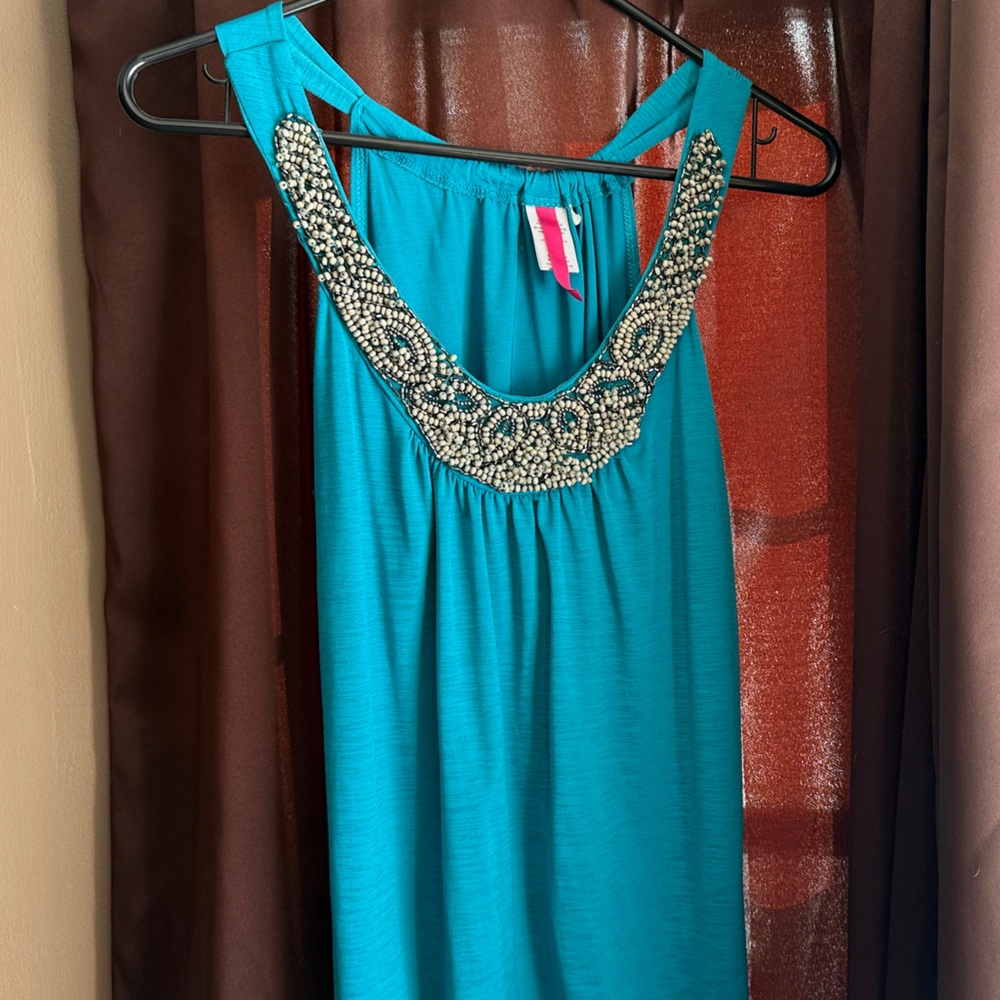 Teal Sleeveless shirt with Embellished Neckline